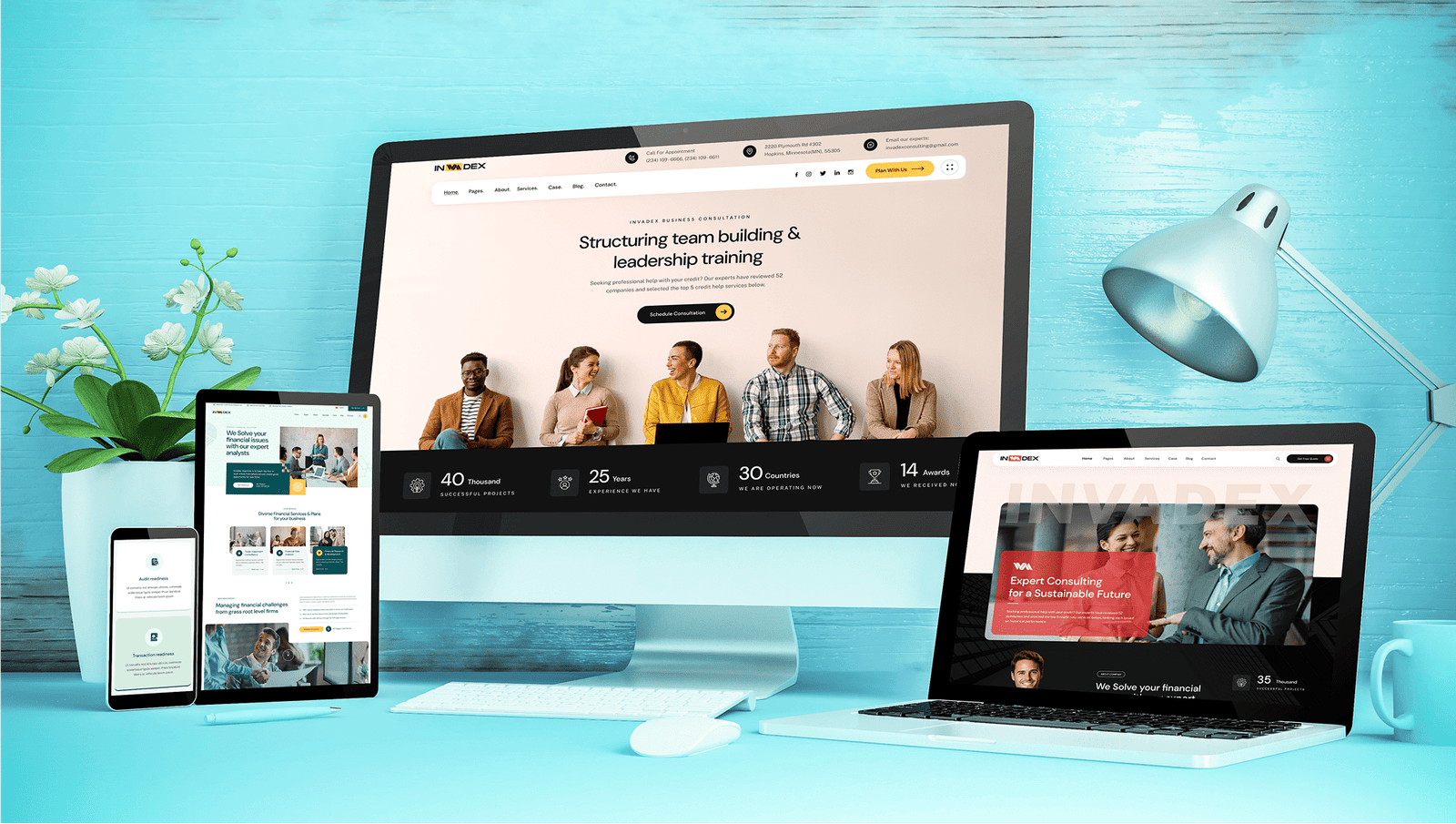 blue responsive desktop with devices showing responsive website 1 min